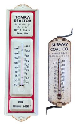 Pair of Early Advertising Art Deco and Mid Century Working Metal Thermometers. 1) Art Deco 9" 