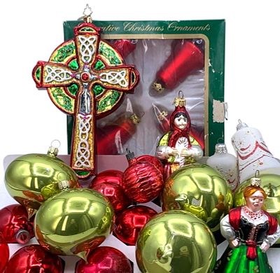 25 pc Germany, RADKO, Shiny Brite Mercury Glass Christmas Tree Ornaments. Large 8" Radko celtic 