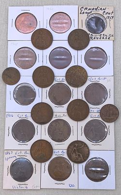 25 1854 to 1961 Great Britain One Penny and Canadian Large Cent Coins. Some in coin wrappers as 