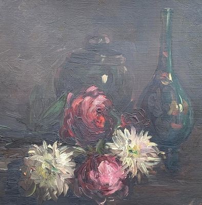 Antique Chrysanthemum Hand Painted Oil on Canvas Still Life Art painting. 18 1/4" x 15 7/8" 