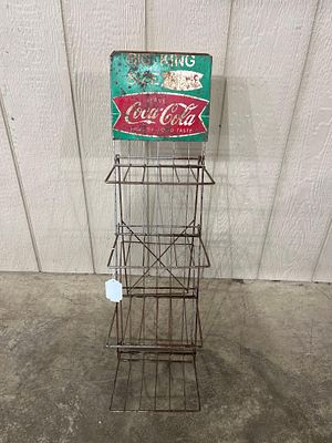 Big Size Coca Cola Store Display Rack. Surface rusting to wire shelves and tin sign. Folds up 