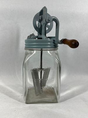 Dazey No 20 Butter Churn. Embossed glass churn, top has been repainted. 12 inches tall