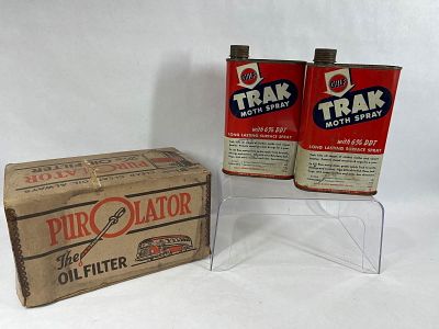 Purolator Filter & Gulf Trak Moth Spray. NOS filter box, no filter is included, and two Gulf cans