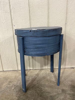 Blue Painted Cheese Box Side Table. A great made side table featuring primitive painted cheese 