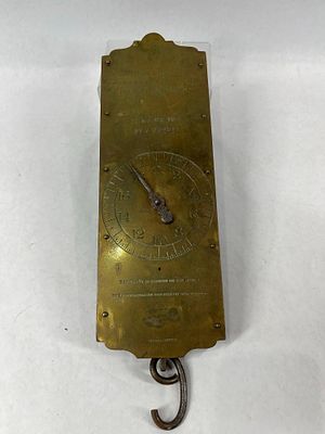 Morton & Bremners Spring Balance Scale. Brass face to weigh 60 lbs. approx 12x4