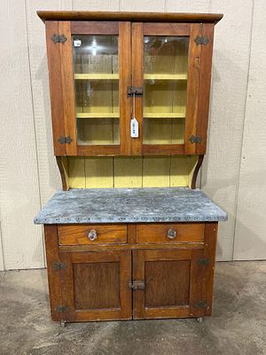 Miniature Childs Step Back Cabinet. Galvanized top with painted interior. Featuring two doors on 