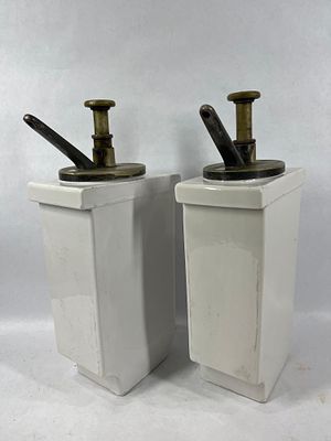 Soda Shoppe Syrup Canisters. 2 ceramic containers with pump spouts. Both appear to be usable