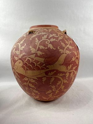 Hand Painted Thailand Fish Urn. Redware clay with 4 small loop handles. Minor fading to one side 