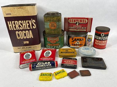 Hersheys, Sanka, Watkins, and other Household Tins. Baking powder, tobacco, crayons, coffee, tea 