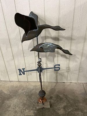 Geese in Flight Weathervane Topper. Copper and Bras, Shows some repairs to wings, lower goose is 