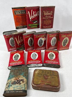 Tobacco Pocket Tins. Prince Albert, Velvet, Sir Walter Raleigh, Kentucky Club, and Frat