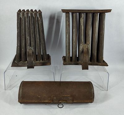 Great lot of 2-Tin 12-stick candle molds & candle box. Candle molds are both handled and candle 
