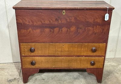 Early Poplar Mule Chest. With lift top lid and storage over 2 drawers. Shows period wear but is 