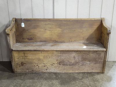 Early Church Pew in mustard paint. With closed bottom and numbered ends. Has a great look! 