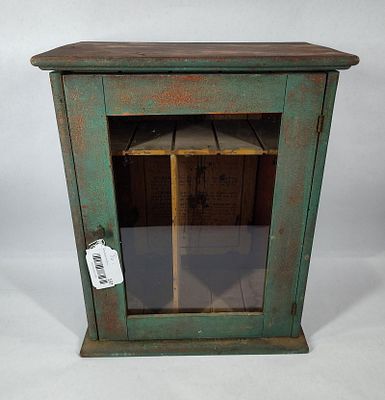 Early 1900s Dyola Dye Cabinet. Green paint with hints of red or orange showing through. Great 
