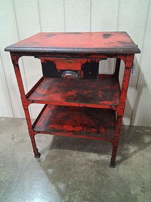 Great Industrial Work Table with Drawer. All steel except top is wood. With slide out fingers on 