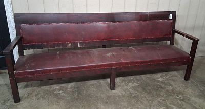 Early 8ft Depot Bench. Has been reupholstered. Nice solid bench! 8ft long. Has a chip in left 
