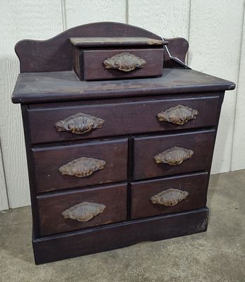 Early Antique Child's 6-drw Chest. Small early Childs cabinet with wood pulls. Shows some wear 