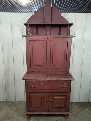 Nice painted 2pc drop front desk. Top with drop front and cubby interior, bottom with 2 drawers 