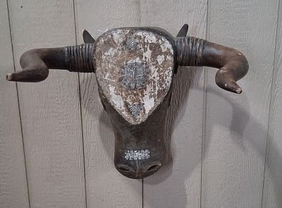 Bidjobo Tribal Bull Mask from Guinea-Bissau. All wooden bull head with striking horns. In cabaro 