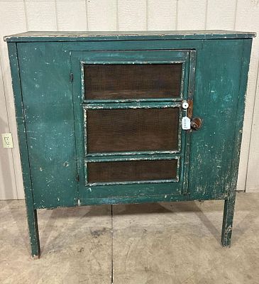 Primitive painted Screened Pie Cupboard. With good green paint! 49in wide 22in deep 51.5in tall. 