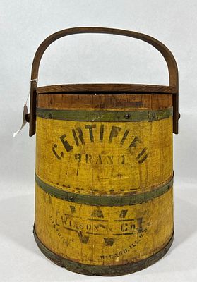 Certified Wilson N Co. mustard painted bucket. With an added hinged lid. 11.5in tall.