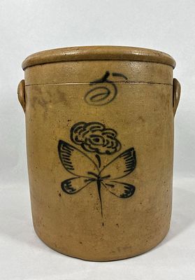 Decorated 5gal stoneware jar. Does have a few very faint, hardly visible hairlines, displays 