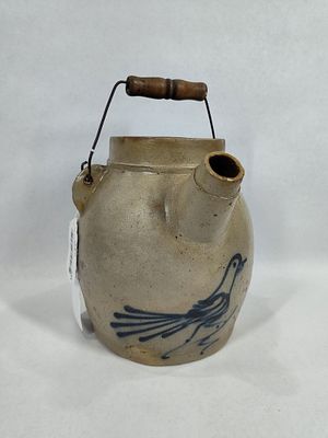 Rare Bird Decorated 1gal Stoneware Batter Jug. With a small flake on spout and a few flakes on 