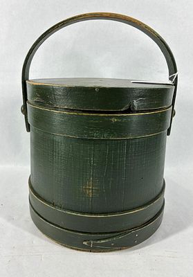 Primitive green painted firkin bucket. 9in diameter 9.5in tall.
