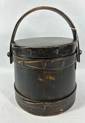 Small Black firkin bucket. 7in diameter 7in tall.