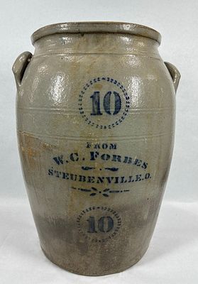 W.C. Forbes 10-gal stoneware storage jar. Steubenville, OH. Impressive large 10 gallon with 
