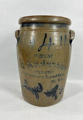 T. Anderson decorated 4-gal stoneware jar. Anderson's Landing, WV. Shows some chipping to 