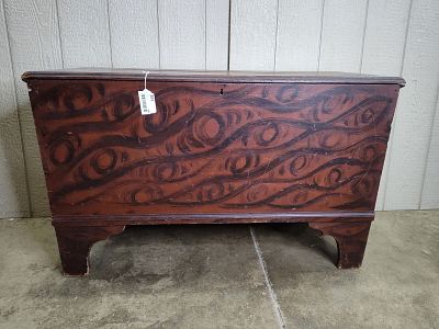 Faux Grain Painted 6-Board Blanket Chest. Beautiful painted chest with Bootjack cutout legs. 
