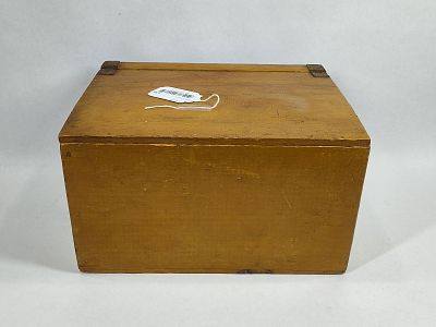 Early Chrome Yellow painted Shaker box. With leather strap hinges on lid and with great paint! 