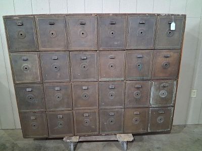 Great 24-drw Bank or Postal Safety Deposit Cabinet. Awesome wooden dovetailed cabinet with 24 