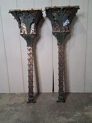 Pair of Tall Painted & Gilted metal wall Planters. Nice ornate pair with removable insert tops. 