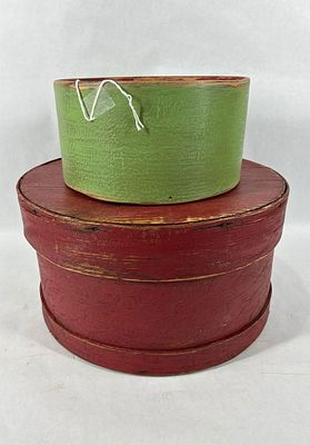 Red & Green painted boxes. Green No lid. 7.5in diameter 4in tall. Red 11in diameter 6in tall