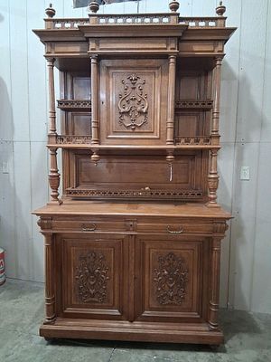 Fancy Carved Oak 19th c 2pc French Renaissance Style Sideboard. Outstanding early 2pc French 