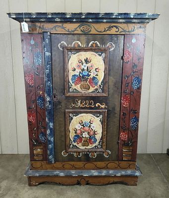 Early primitive sq nailed single door cabinet. Very early cabinet with painted details. With the 