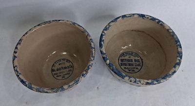 2- Spatterware Stoneware Advertising bowls. Both are stamped on interior bottom. One bowl 