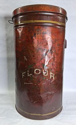 Large 1800s General Store Tin Flour Bin. With faintly visible graphics and some denting but 