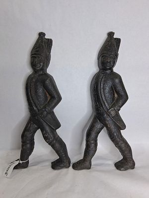 19th c Cast Iron Hessian Soldier Andiron Ends. These are the figures only, are missing stack 