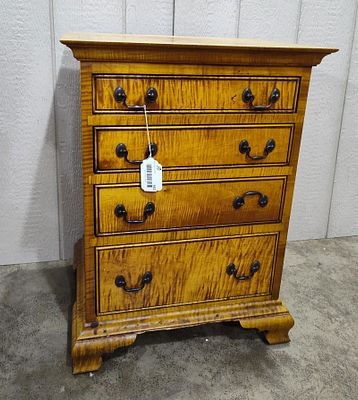 Beautiful 4drw Tiger Maple Nightstand. With dovetailed top edges. Shows some wear to top and at 
