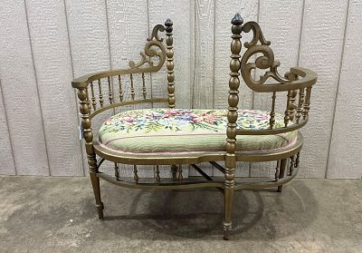 Vintage Courting Bench/Tete-A-Tete w/Needlepoint seat. Appears to be in great condition! 36in 