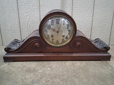 Seth Thomas Oversized Mahogany Tambour Mantel Clock. Early key wind chiming clock with brass 