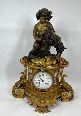 19th Century Lenoir A Paris Bronze Figural Mantle Clock. Bronze classical figure feeding goat 