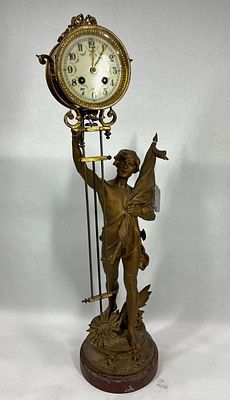 French Poix of Travel Bronze Swinging Arm Clock. Early 19th century bronze Saint of travel 