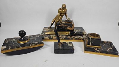 Art Deco Peter Behrens 5pc Desk Set of Gilt Bronze & Belgium Marble. Comprising 5 pieces 