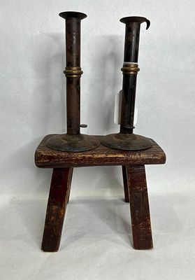 Pair of Hog Scraper Candlesticks & Small Mortised Bench. Bench is very early with a great look!! 