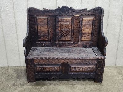 Carved Spanish Storage Bench. 40in long 14in deep 38.5in tall.